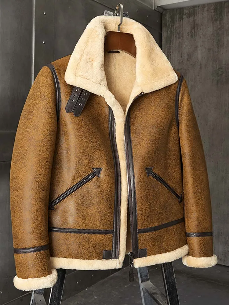 Denny &amp Dora Мужская дубленка B3 Мотоциклетная шуба Коричневое кожаное пальто