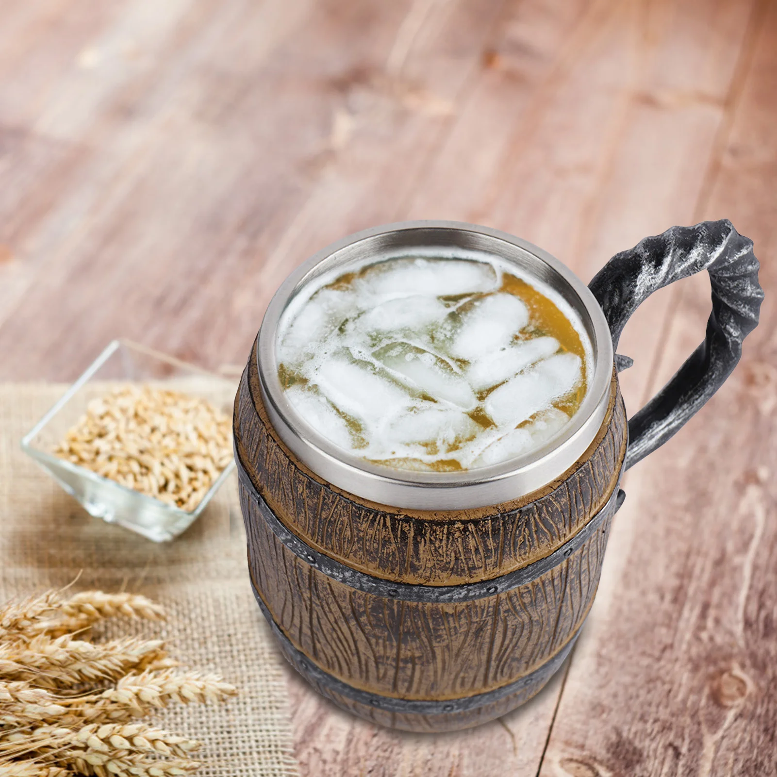 

450ml Wood Style Beer Mug Simulation Barrel Beer Cup Big Glass Double Wall Drinking Mug Metal Insulated Drinking Fit Friend Gift