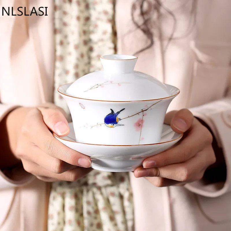 

New style hand-painted white porcelain tea bowl Travel convenience Tea set tea set Office household drinking utensils NLSLASI