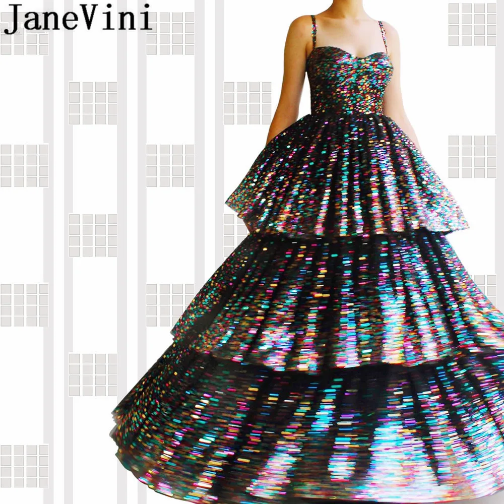 

JaneVini African Bling Bling Sequins 2019 Evening Dresses Long Ball Gown Colorful Tiered Prom Dress Women Spaghetti Straps Gowns