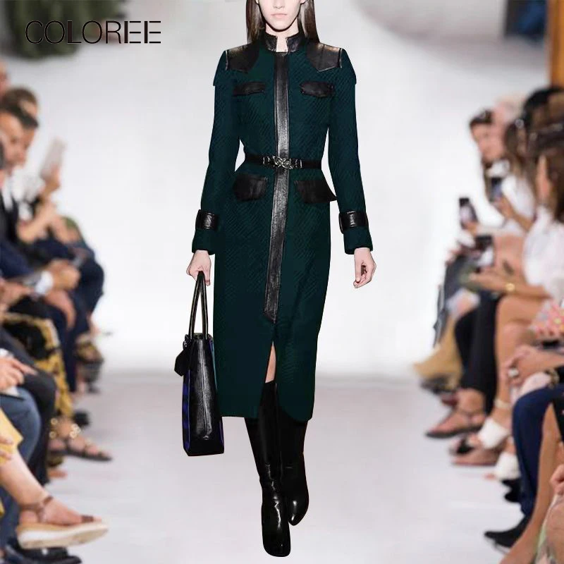 Красочное зеленое платье из искусственной кожи с длинным рукавом Повседневное