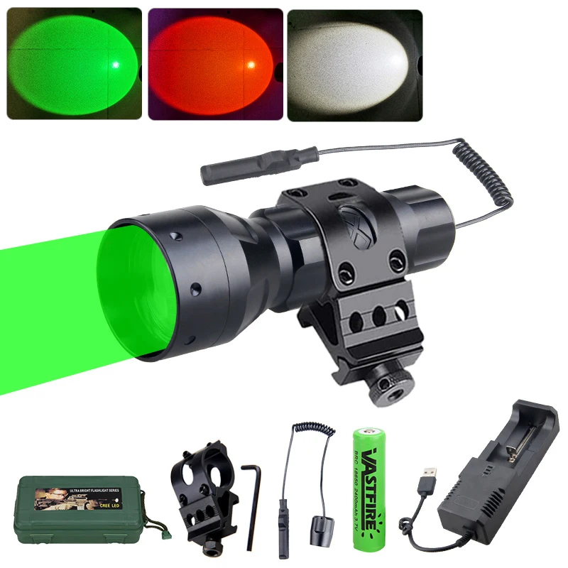 

Green Red White LED Tactical Flashlight Torch Zoomable 500 Yard Floodlight Waterproof Hunting Light+Mount+Switch+Battery+Charger