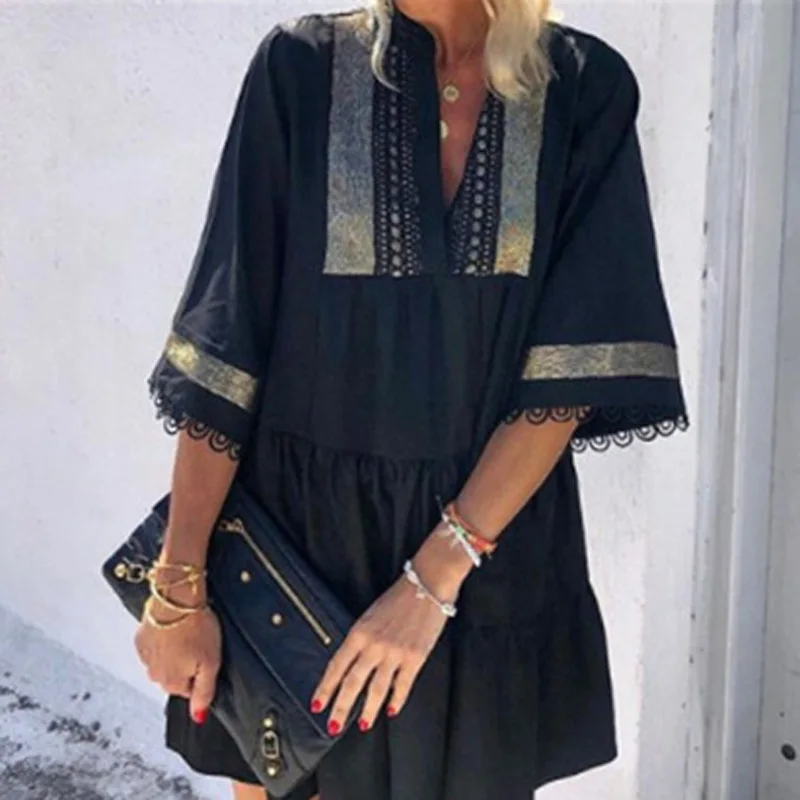 

Elegant Half Sleeve Mini Dress 2021 Summer Bohemian Fashion Vintage Casual Loose Tassel Cuffs Big Hem Printed Dresses For Women