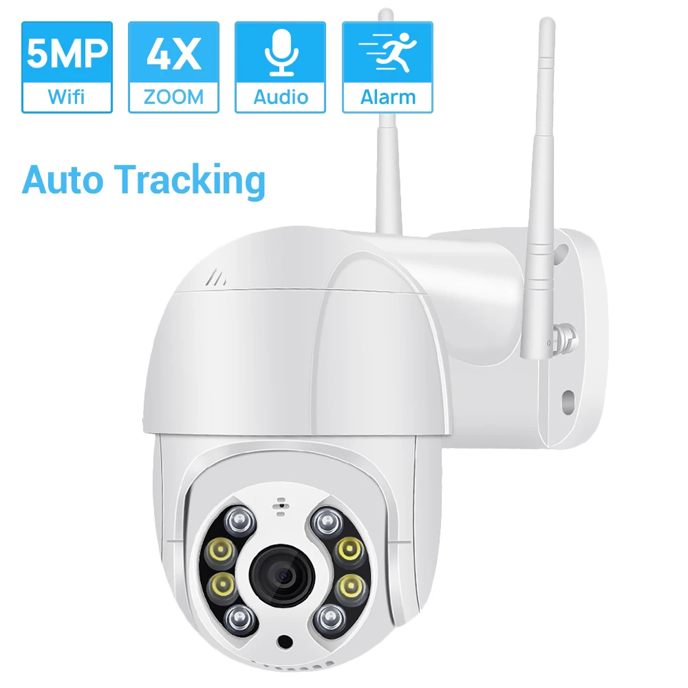 

5MP Mini PTZ Wifi Camera H.265 Auto Tracking Wireless IP Camera 4xDigital Zoom AI Human Detection Dual Light Source