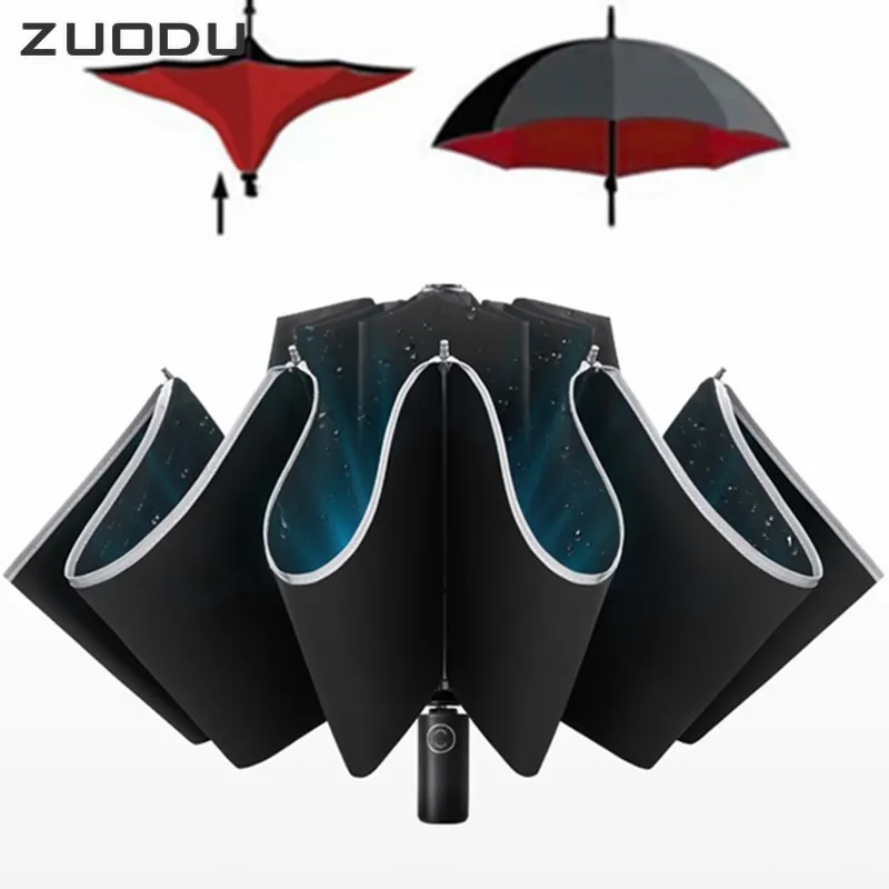 

ZUODU LED Windproof Umbrella Reverse Automatic Men Reflective Folding Business Strong Umbrella Men Car Paraguas Drop Shipping
