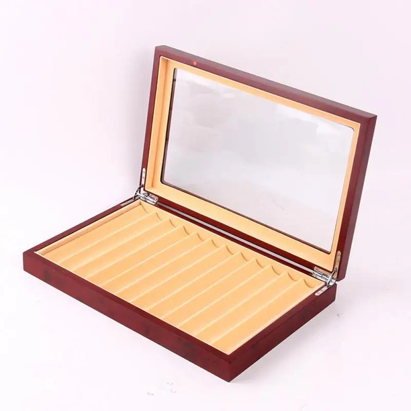 

12 Grid Rectangle Wooden Gift Pen Case Scratch Proof Anti Dust Travel Student Holder Wear Resistant Glass Lid Display Box