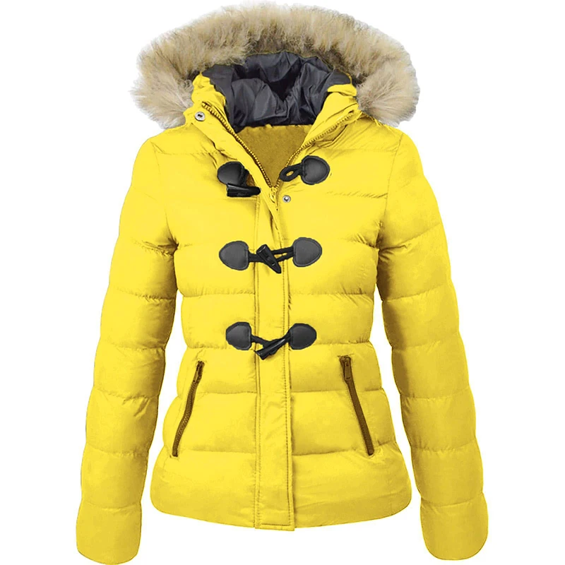 Winter Women's Cotton Padded Short Hooded Warm Horn Buckle Decoration Coats Female Popular Thick Clothing Street Mujer Wear Tops