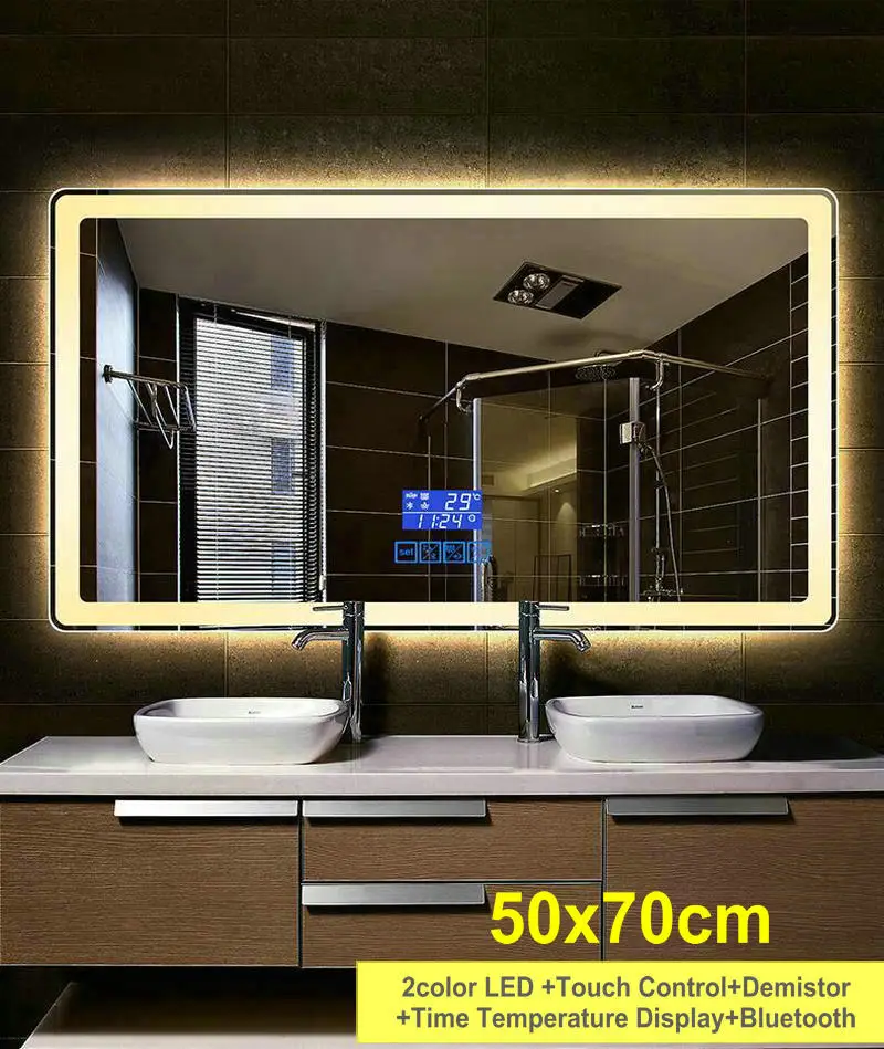 50x70 60x80 см, 50x70 см Смарт Bluetooth обдува прямоугольный Ванная комната зеркала высокое качество закуска два Цвет светодиодный Ванная комната зеркала - Цвет: 50x70