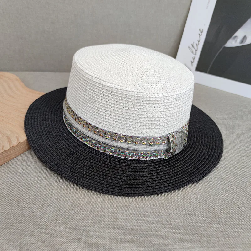 

New Summer Women's Boater Beach Hat Female Casual Panama Hat Flat Top Straw Hat Lady Temperament Bowknot Sun Hat Women Fedora