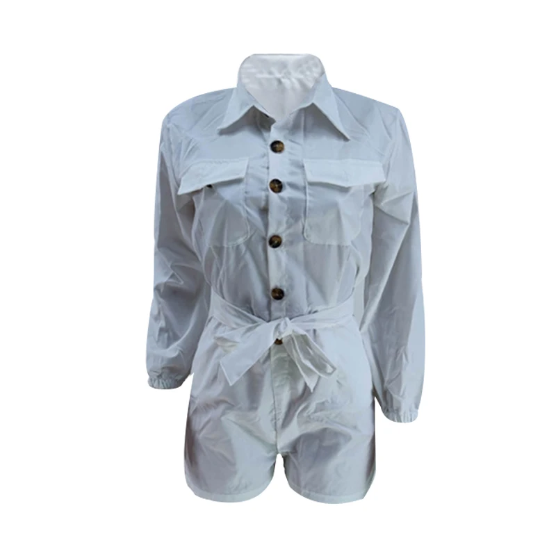 

Streetwear Long Sleeve Summer Female Playsuit With Belt Elegant Office Lady Bodysuit Buttons Pockets Fashion Women's Playsuits