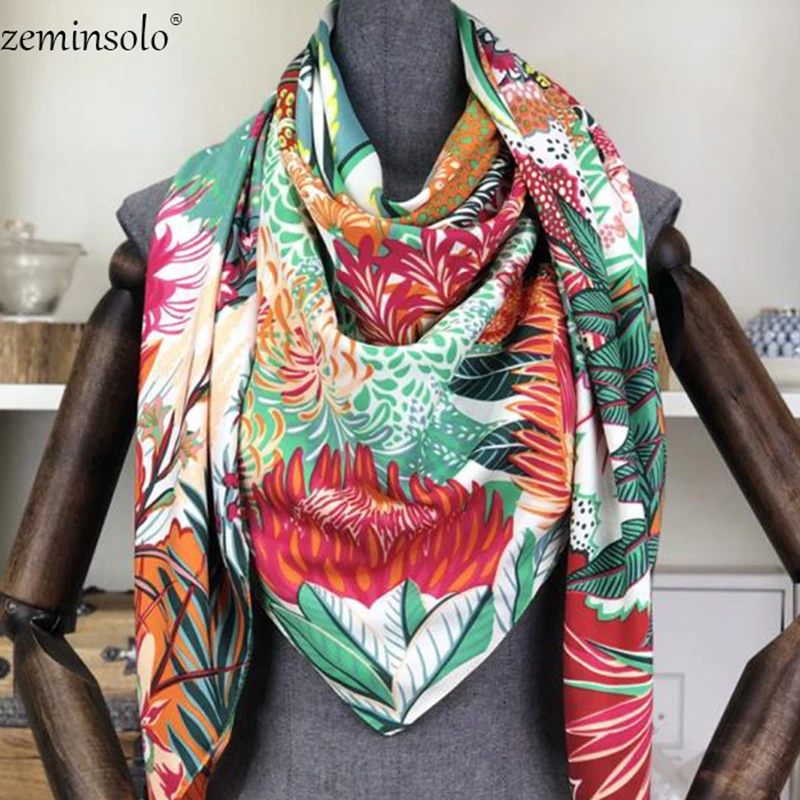 Luxury Brand 100% Twill Silk Scarf Multicolor Square Bandana Floral Print Kerchief Scarves For Women Shawls Wraps Echarpe |