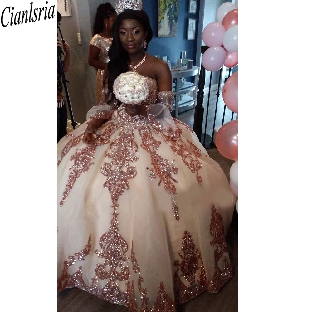 

Розовое Золотое блестящее бальное платье, платья для Quinceanera со съемными рукавами, милое платье с блестками и аппликацией, праздничная одежд...