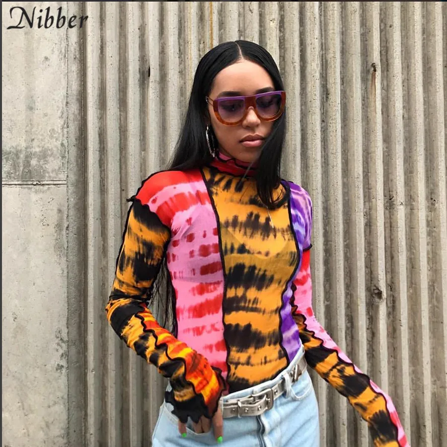 

Nibber fashion mesh Colorful print Ruffle tops womens basic T-shirts2019autumn hot sale Thin Slim street Casual tee shirts mujer