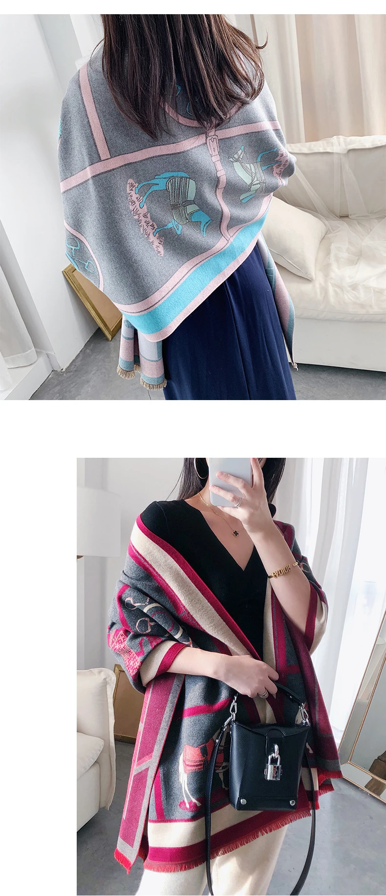 Luxury Winter Cashmere Scarf For Women Warm Pashmina Shawls and Wraps Fashion Chain Animal Print Kerchief Scarves For Lady