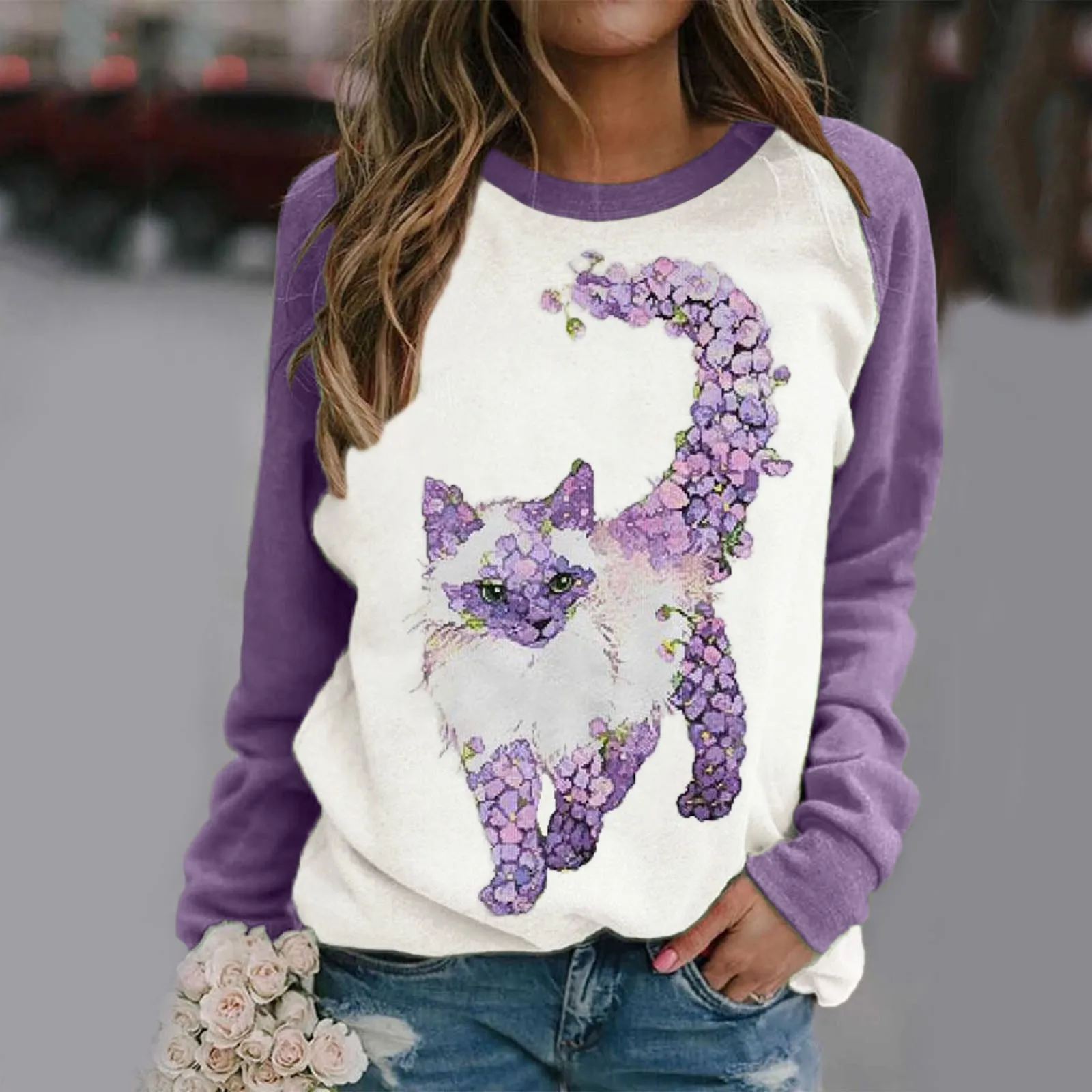 

Harajuku T Shirts Women Cat Flower Moon Elephant Print Stitching Contrast Top Long Sleeves T Shirts Haut Femme Bluzki Damskie
