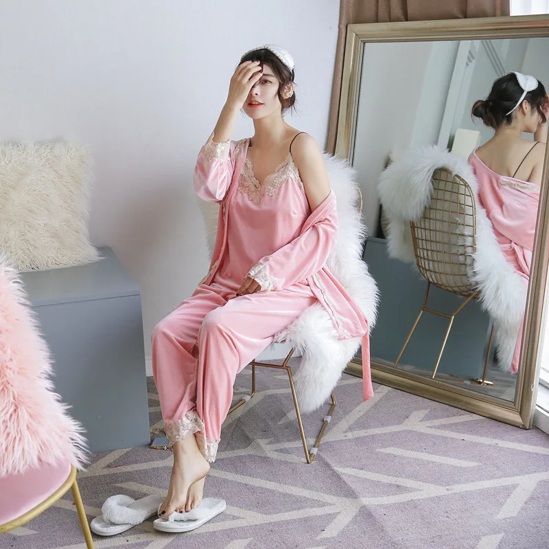 

New Sexy Lace Nightwear Pajamas Suit Intimate Lingerie Women Velour Sleep Set 3 PCS Kimono Robe Velvet Soft Homewear Sleepwear