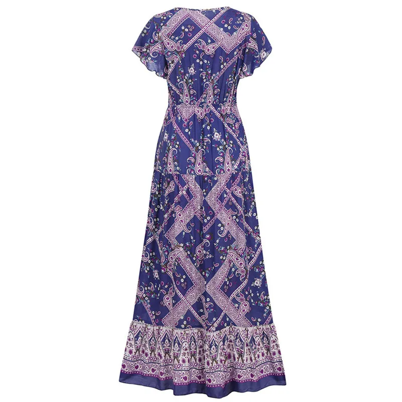

Boho Sexy Women Floral print Long sundress Lady Summer Clothing V Neck Short sleeve Slim High waist Dresses Beach Casual style