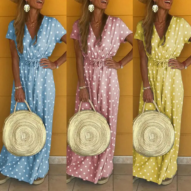 Fashion Women Boho Short Sleeve Holiday Polka Dot V Neck Midi Maxi Long Shirt Dress Ladies Summer Wrap Dresses | Женская одежда