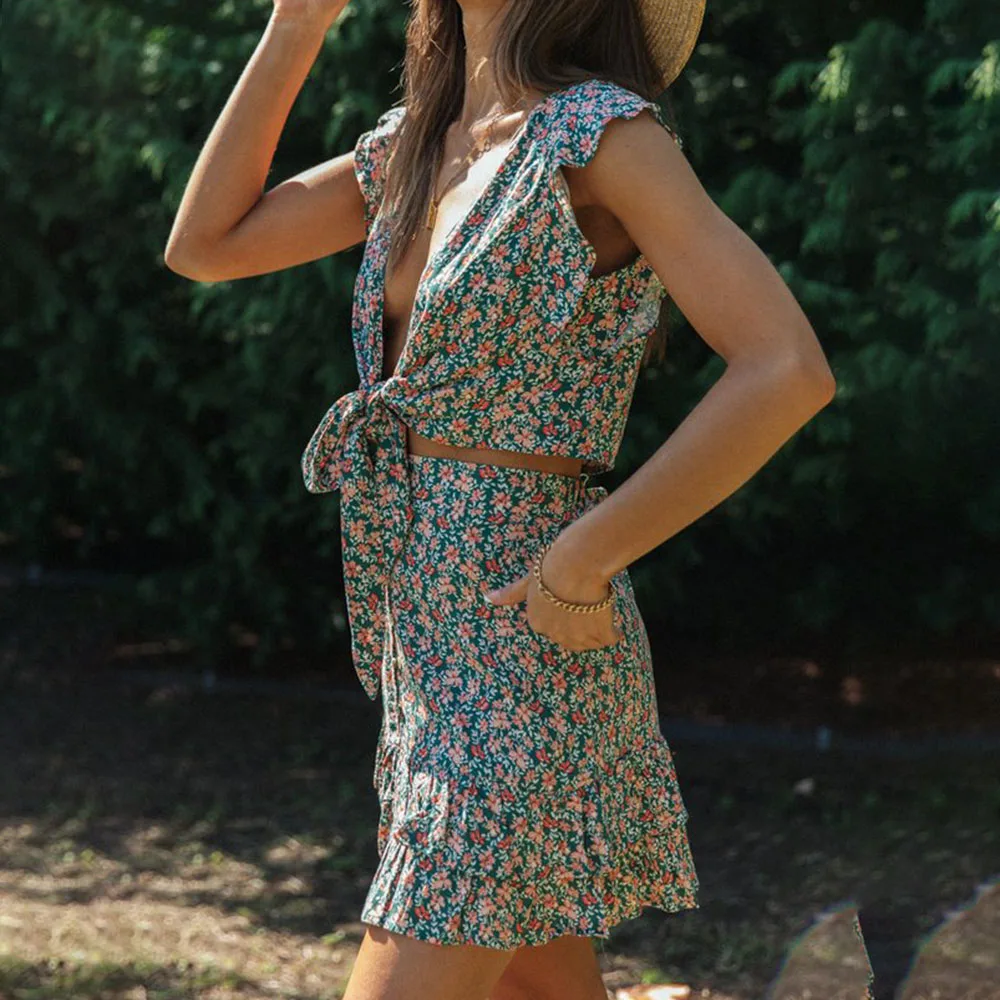 

Fashion Ruffles Print Dress Summer Suits Women Casual Beach Holiday Mini Deep V Neck 2 Pieces Set Bowknot Dresses Femme