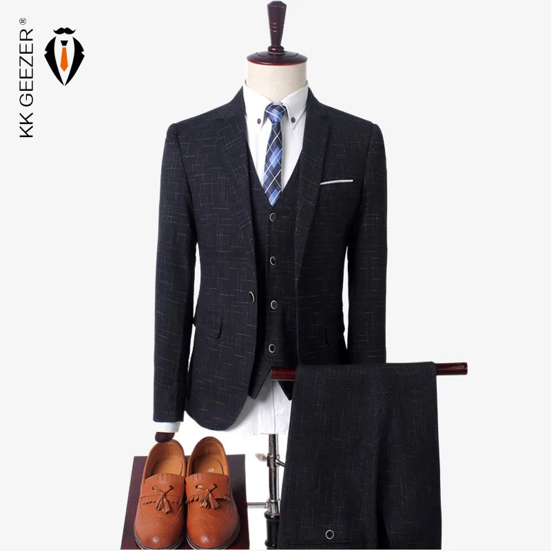 Мужской костюм клетчатый облегающий куртка мужские костюмы с брюками жилет