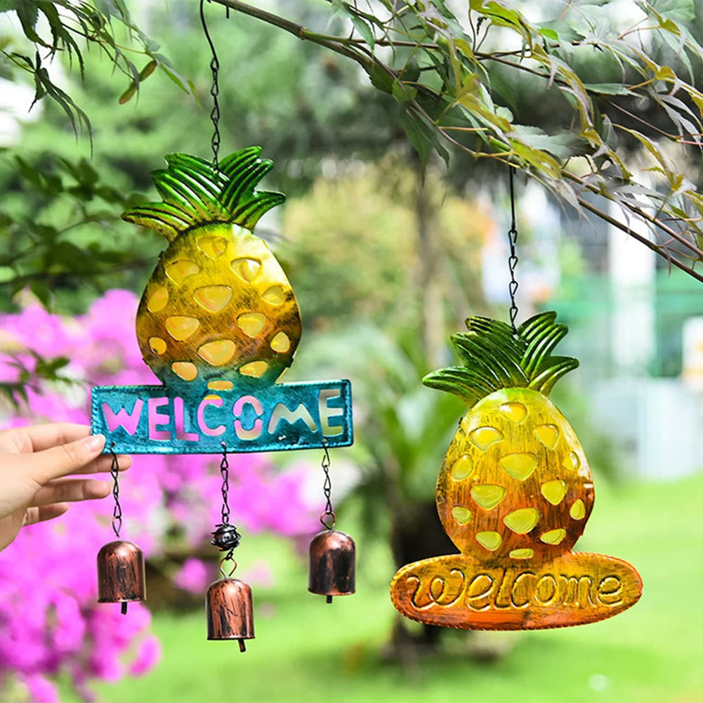 

Metal Pineapple Welcome Wind Chime Bells Wrought Iron Stained Glass Pineapple Garden Hanging Pendant Decoration