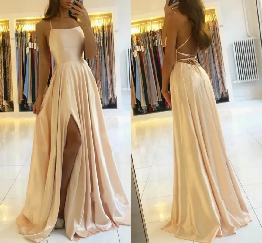 

New Womens Straps Evening Formal Dress 2021 Long High Split Silk Satin Prom Party Gowns Robe De Soiree