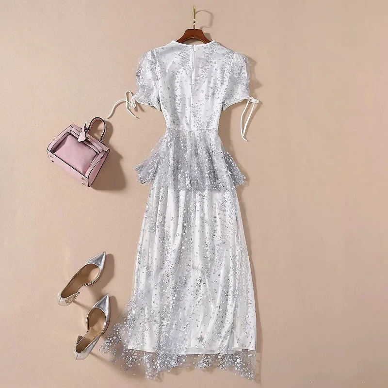 

Long Dress Sequined 2021 Summer Party Evening Women O-Neck Allover Sequined Beading Deco Short Sleeve Silver Grey Dress Festival