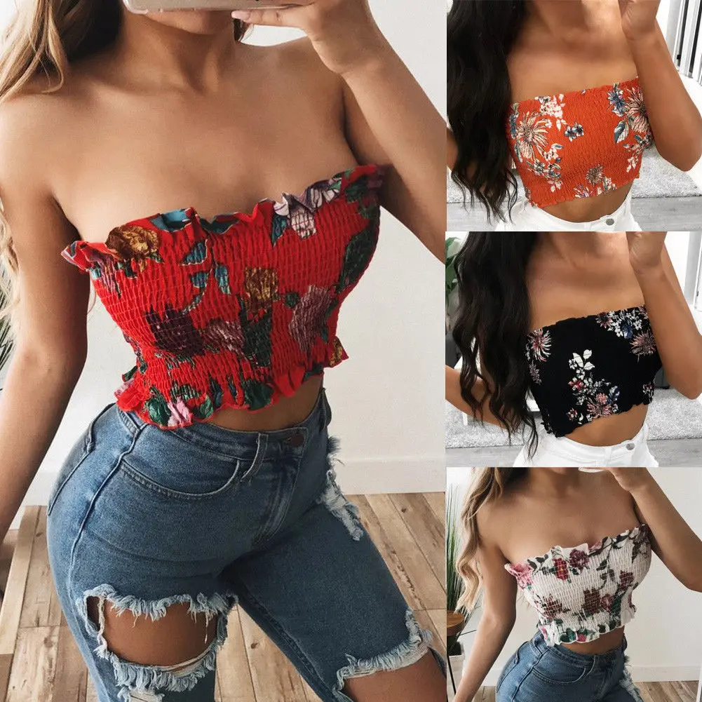 

Summer New Vintage Ladies Sleeveless Fold Crop Tops Women Off Shoulder Flower Print Ruffles Tube Top Sexy Vest