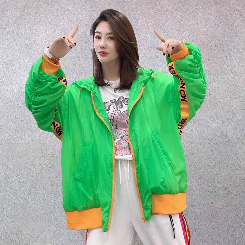 

CHICEVER Casual Coat For Women Hooded Lantern Long Sleeve Zipper Patchwork Hit Color Coats Female Fashion New Clothing 2021 Tide