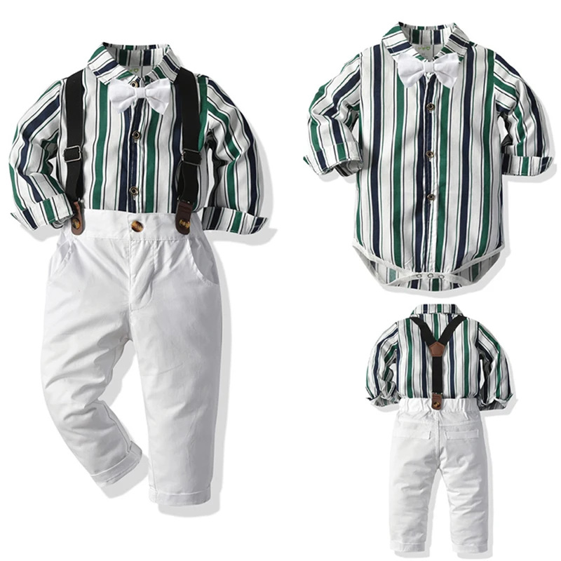 Utumn костюмы для маленьких мальчиков одежда Полосатый боди с длинным рукавом +
