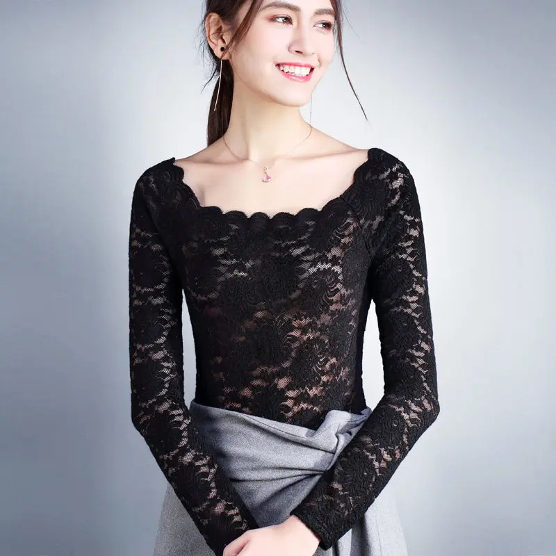 

S-2XL Women Autumn Spring Blouses Lace Turtleneck & Off Shoulder Long Sleeve Lace Shirt Top Fashion Summer Clothing Shirts