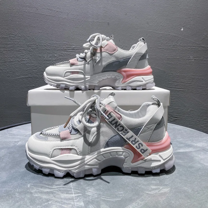 

Women's Sports Shoes Chunky Sneakers 2021 Breathable Lace Up Woman Shoes Mesh Mixed Colors Vulcanized Soles Platform Footwear