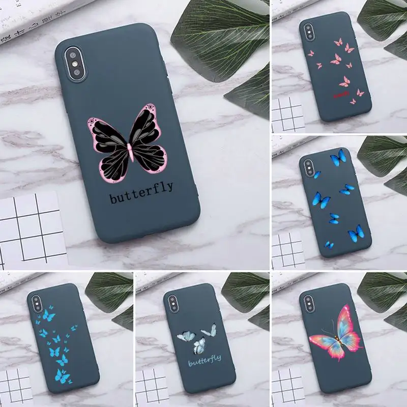 

USAKPGRT butterfly Phone Case For iPhone XS MAX 11 Pro X XR 7 8 6 Plus Candy Color blue Soft Silicone Cover