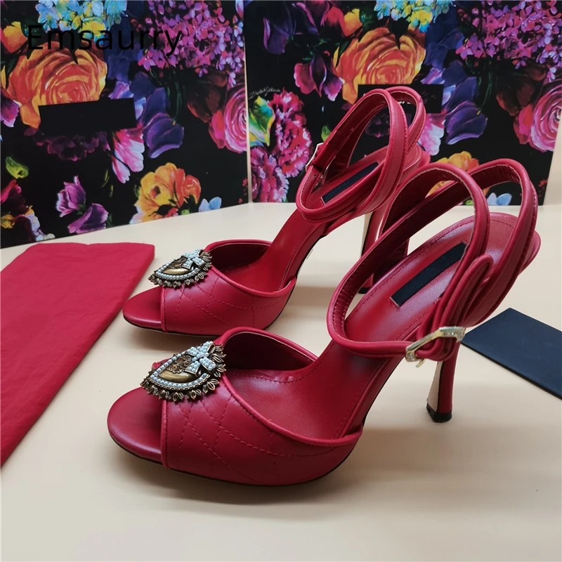 

Metal Love-heart Buckle Decor Party Sandals Women Thin High Heels Sexy Open Toe Sewing Real Leather Summer Shoes Woman