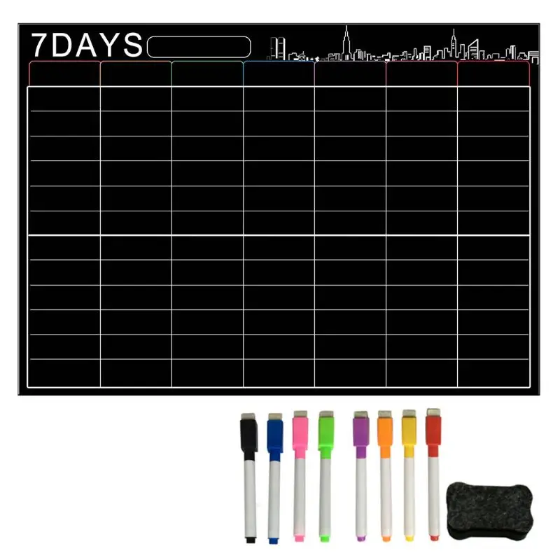 

7 Days Erase Dry Large Magnetic White Board Weekly Planner & Grocery List Organizer For Kitchen Refrigerator With 8pc Pens 1pc B