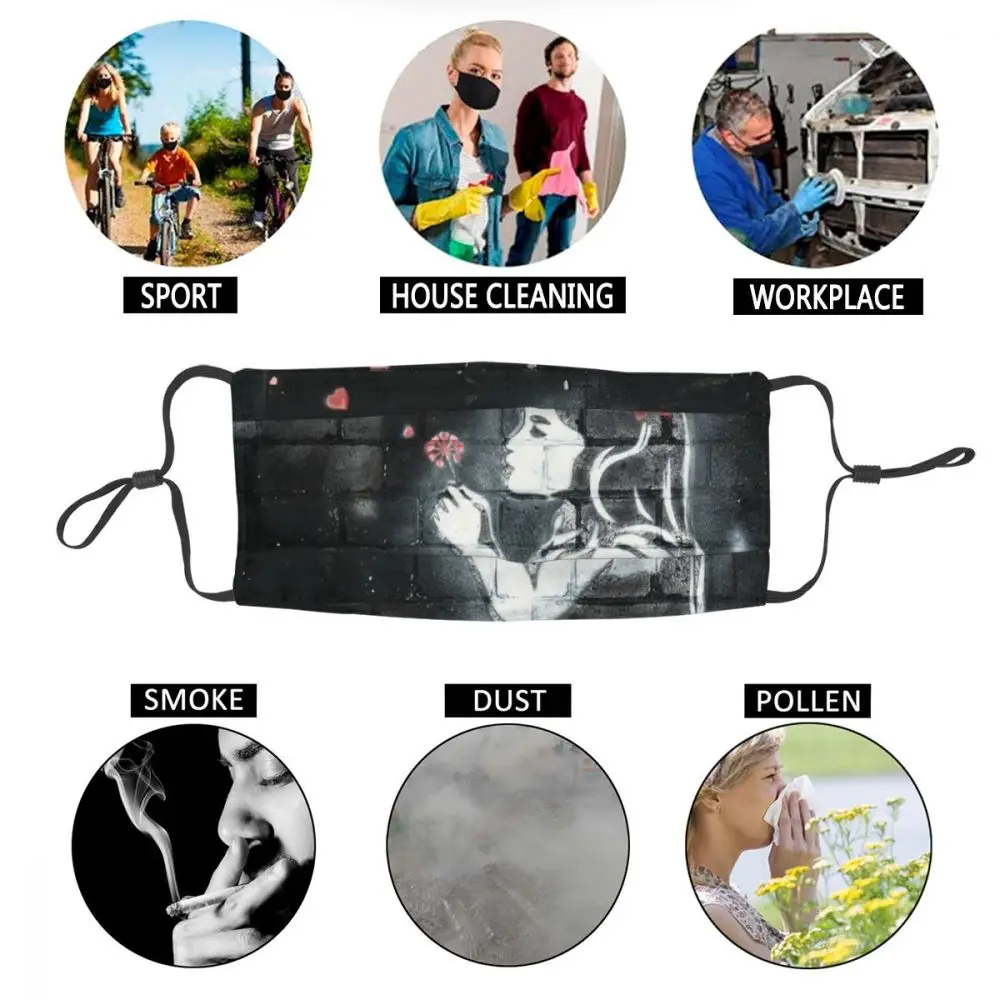 

Girl Blowing Hearts By Banksy Reusable Face Mask Graffiti Street Art Anti Dust Protection Cover Respirator Mouth Muffle