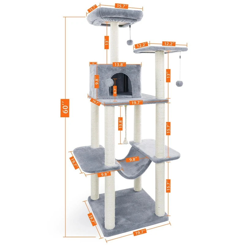 

Cat Tree 60 Inches Multilevel Cat Towers With Luxury Condos Fully Wrapped Sisal Scratching Post Plush Hammock And Dangling Balls