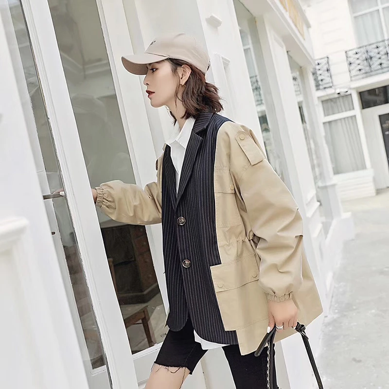 TWOTWINSTYLE хит цветное лоскутное Полосатое Женское пальто зубчатый рукав летучая