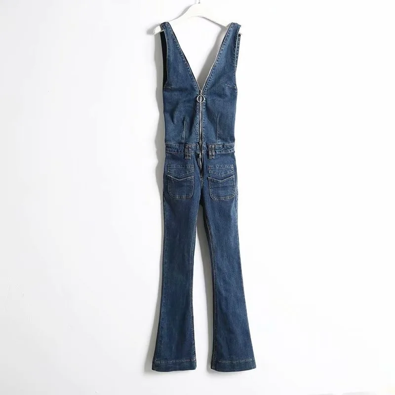 

Spring and Summer New European and American Fashion Retro Sexy Slim Stretch High Waist Deep V Straps with Zipper Horn Jeans