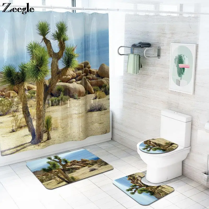 

Bath Mat with Shower Curtain Set Desert Green Tree Printed Bathroom Waterproof Shower Curtain Anti-slip Floor Carpet for Toilet