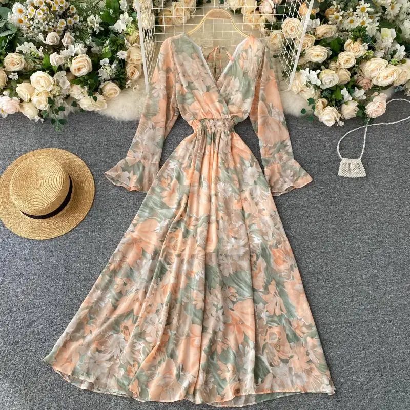 

Sexy Backless Bandage Dress Boho Women Spring Autumn Vintage Flare Sleeve Dresses Party Floral Print Chiffon Long Dress Vestidos