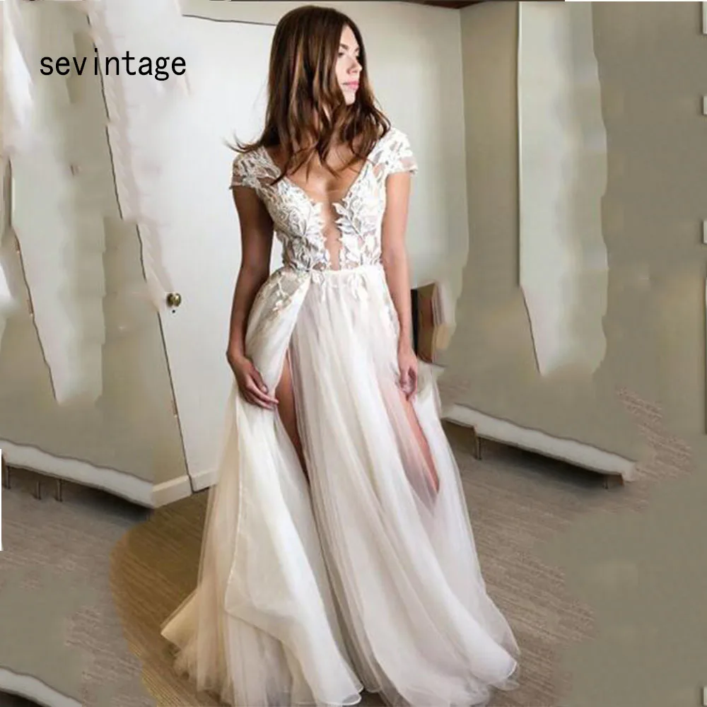 Sevintage раздельные боковые Свадебные платья Бохо с коротким рукавом платье для