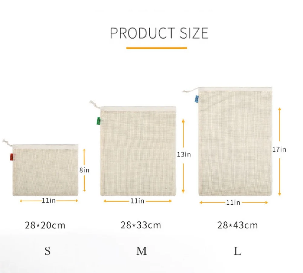 

Organic Cotton Mesh Bag Reusable Mesh Produce Bags Ecofriendly Vegetable Fruit Shopping Bag with Drawstring Kitchen Storage Bag