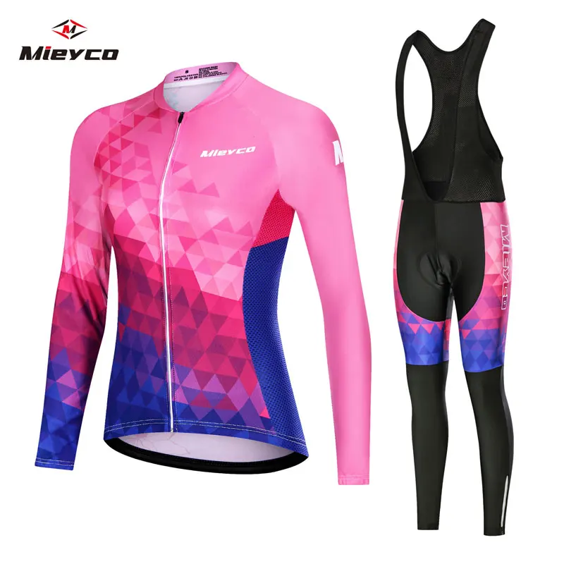

Mieyco Women's Long Sleeve 2020 Cycling Jersey with Bib Long Elastane Lycra Pink Bike Jersey Tight Padded MTB Bicycle Clothing