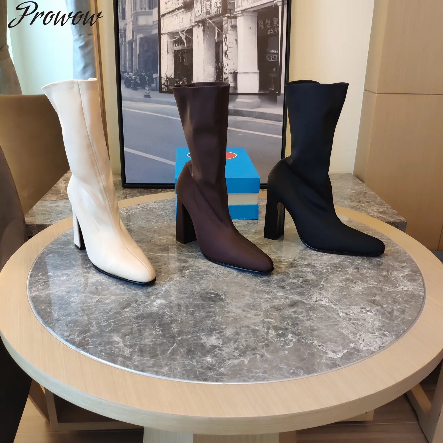 

Prowow New Elastic Sock Boots Autumn Women Round Toe Square Heels Stretch Fabric Gesigner Shoes Winter Slip On Solid
