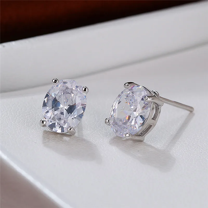 

Charm Female Oval Crystal Stone Earrings Rose Gold Silver Color Stud Earrings For Women Cute White Zircon Small Wedding Earrings