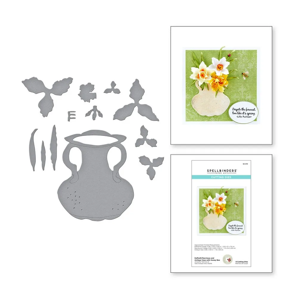 

Daffodil Narcissus and Antique Vase with Honey Bee New Scrapbook Diary Decoration Stencil Embossing Diy Greeting Card 2021