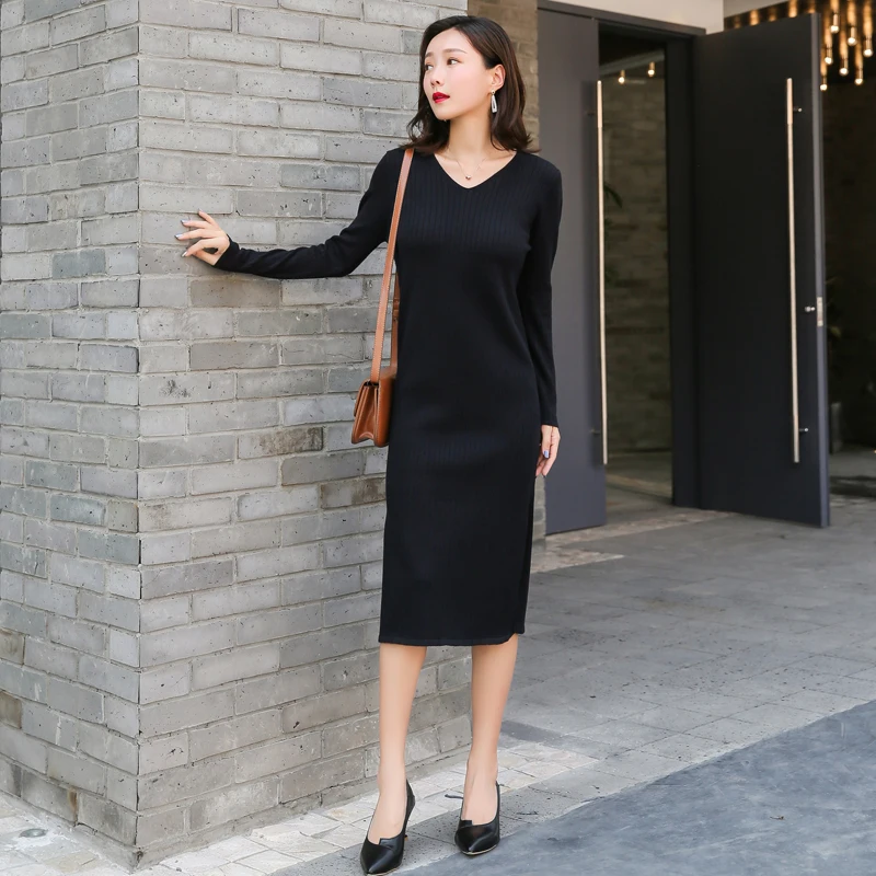 Fashion Autumn Sweater Dress Women V-neck Knitted Elegant Woman Stretch Sweaters Dresses Long Sleeve | Женская одежда