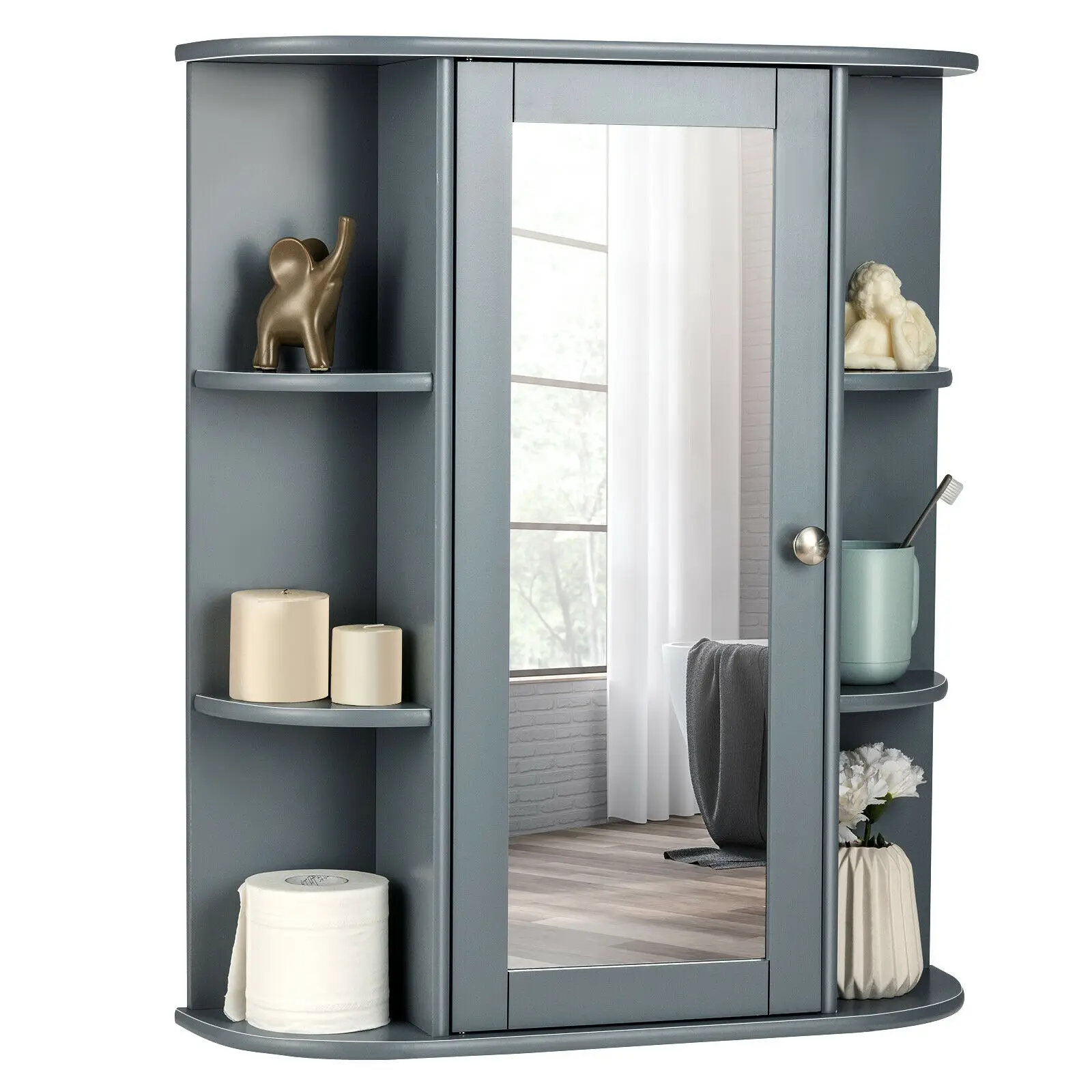 Grey Wall-Mounted Bathroom Cabinet with Mirror 1