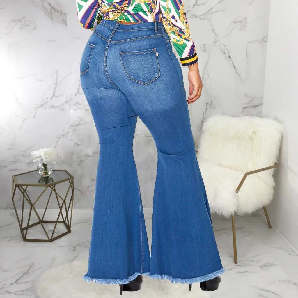 

Dark Blue High Waist Sexy Personality Hole Stretch Large Size Fat Woman Flared Pants Hand Worn Temperament Commuting Summer 2021